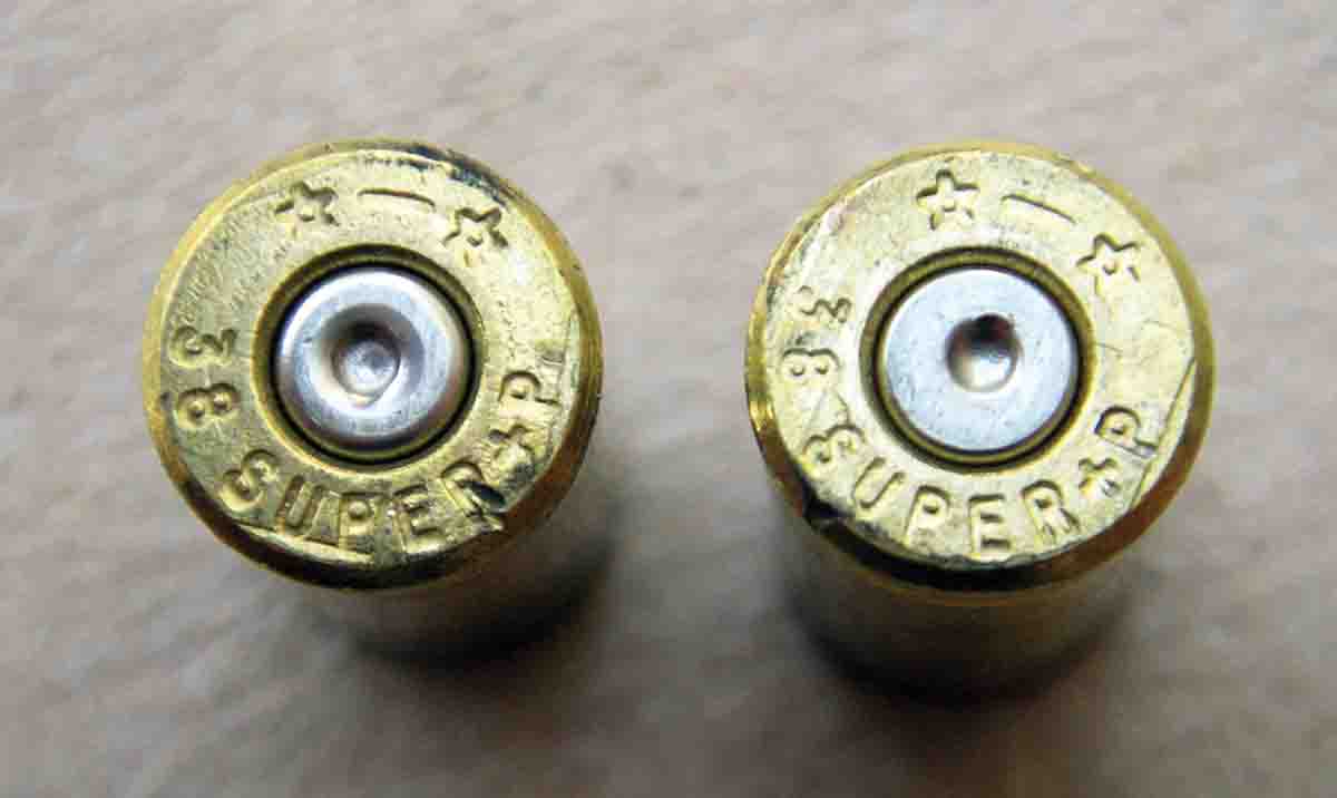 These two cases were fired with the same load, but the primer on the left is a small rifle example while the primer at right is a small pistol version. Using rifle primers actually increases pressure.
